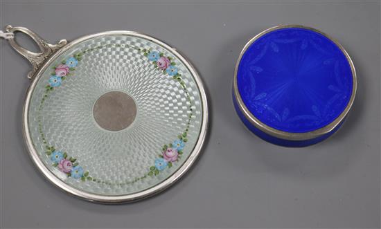 A Norwegian 930s and guilloche enamel pill box and a white metal and guilloche enamel handbag mirror.